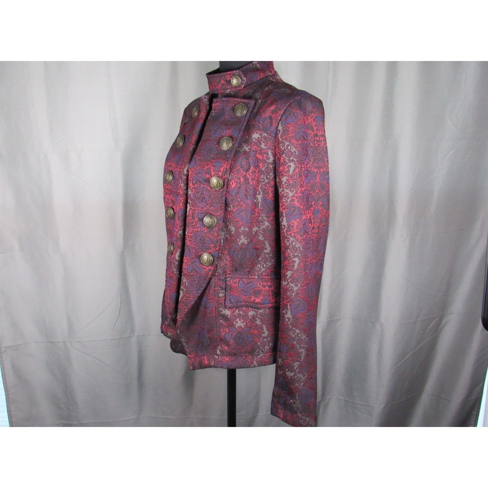 Free People Burgundy Floral Brocade Military Blazer Jacket Metallic Crest Medium - Picture 3 of 11